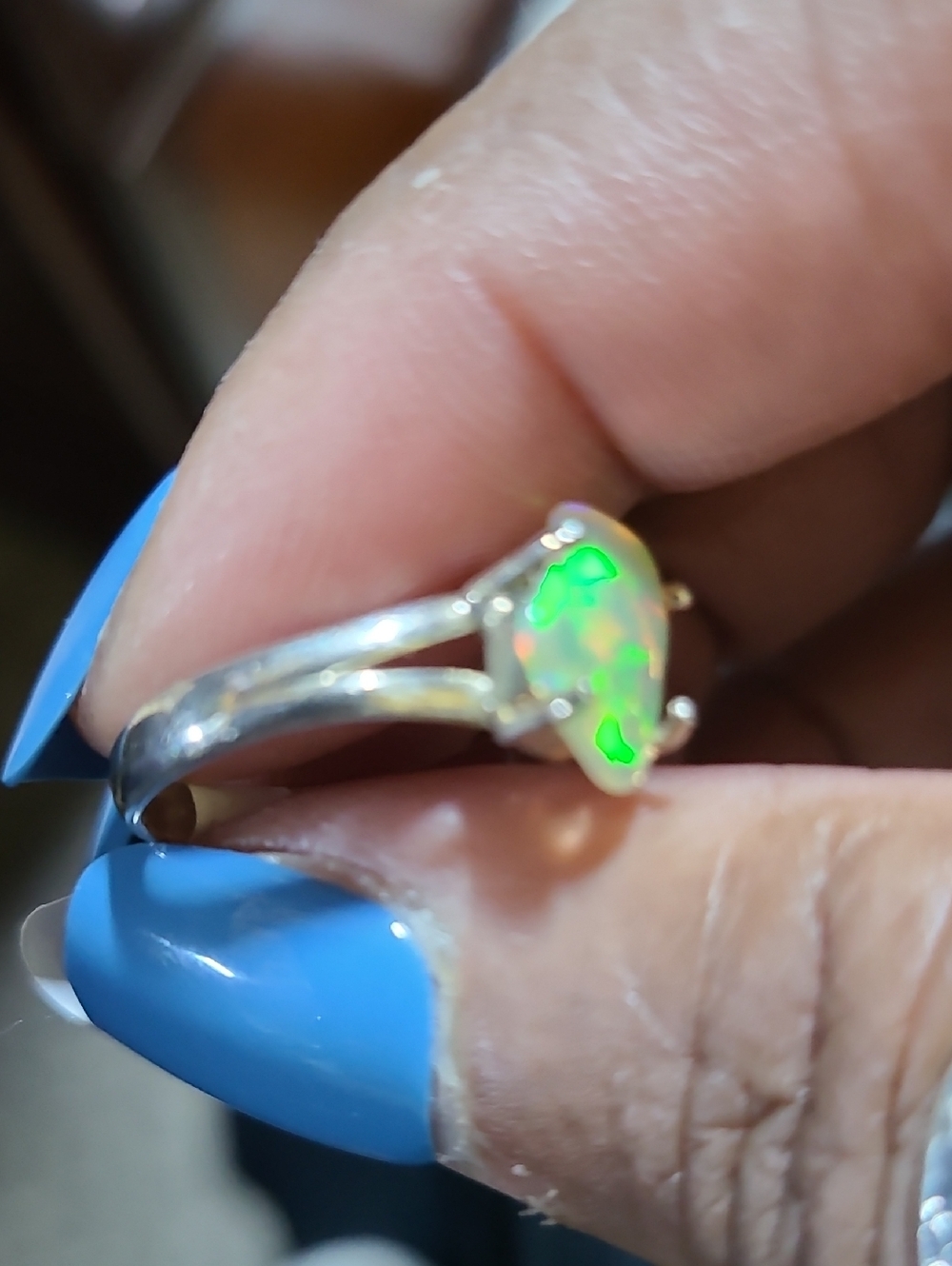Sterling Silver Opal Solitaire Ring - Green-Blue Fire - Picture 4 of 4